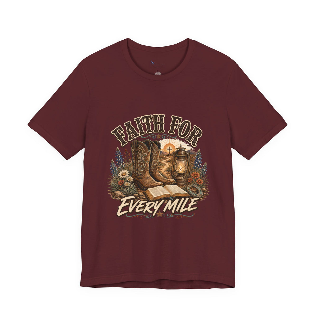 Christian Western Shirt, Faith Every Mile Tee, Cowgirl Bible Boots Lantern Graphic