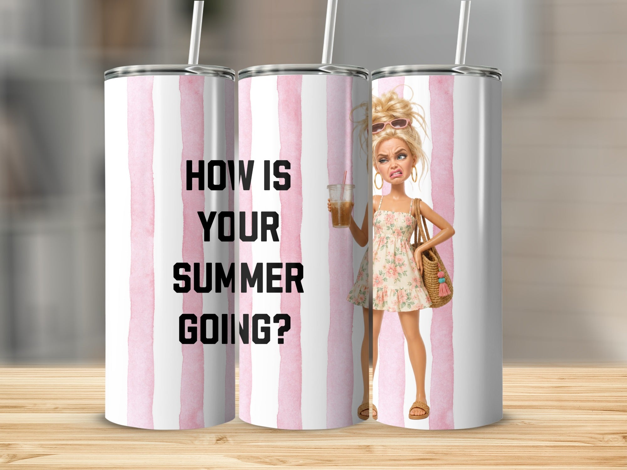 Tumbler with pink stripes and text "HOW IS YOUR SUMMER GOING?".