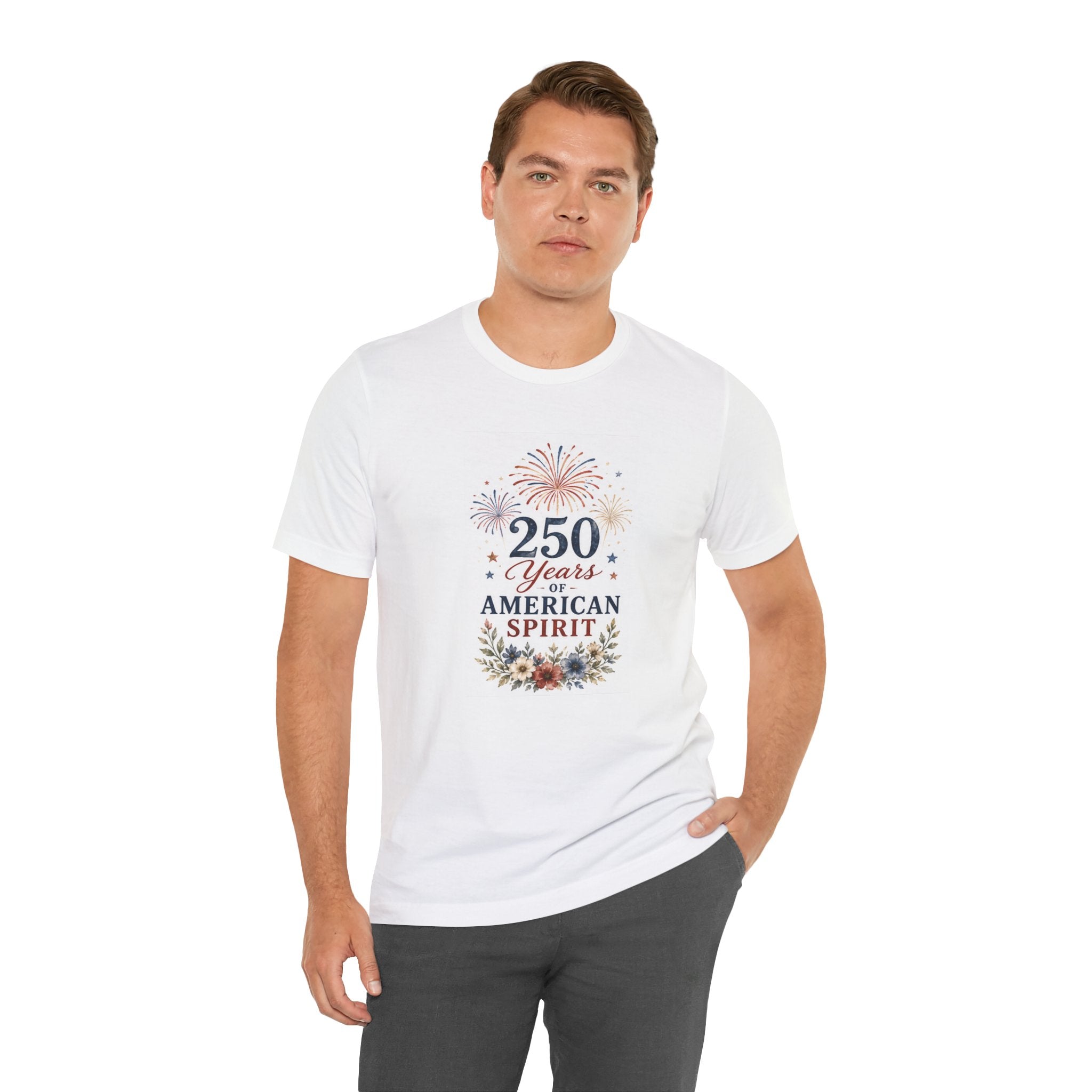 Man in white t-shirt with "250 Years of American Spirit" graphic.