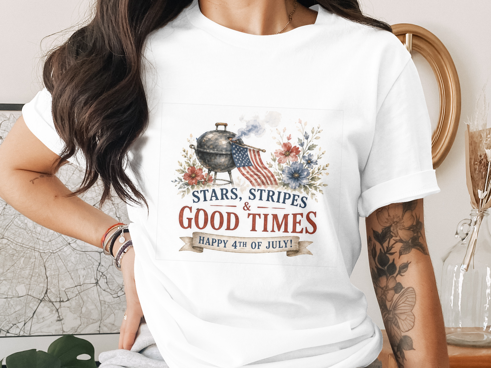 Stars, Stripes & Good Times Watercolor T-Shirt - 4th of July Vintage Tee