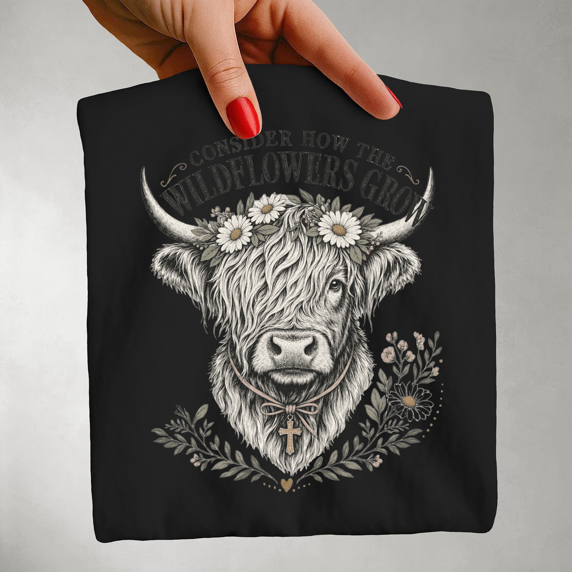 Consider How the Wildflowers Grow Highland Cow Shirt | Christian Farmhouse Graphic Tee