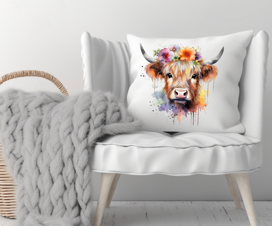 Farmhouse Watercolor Abstract Color Blast Highland Cow Square Throw Pillow