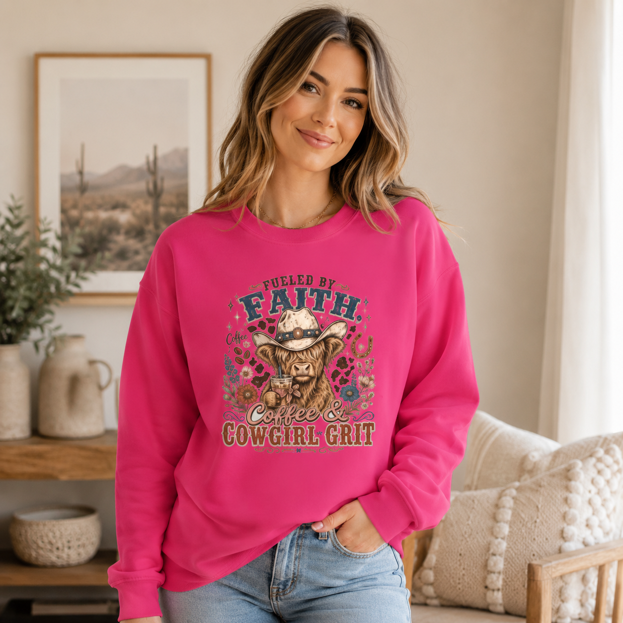 Fueled By Faith Coffee Cowgirl Grit Sweatshirt, Highland Cow Western Christian Farmhouse Crewneck