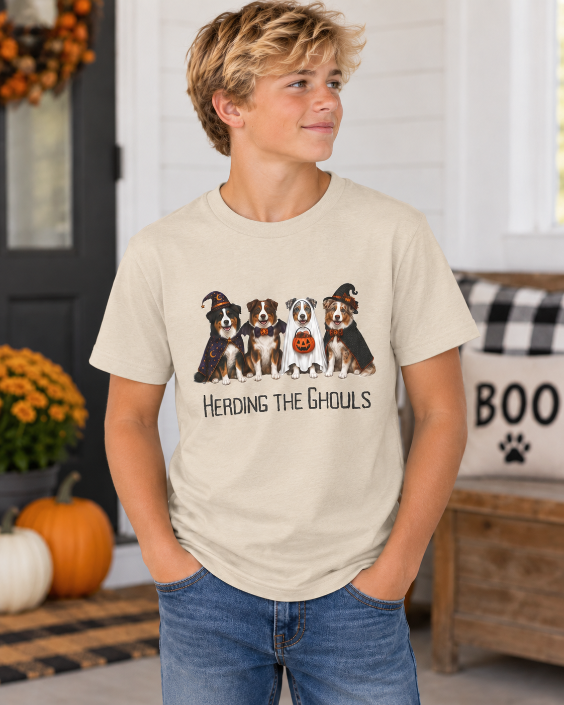 Halloween Dog Shirt, Herding Ghouls Tee, Cute Spooky Family Bonfire Graphic