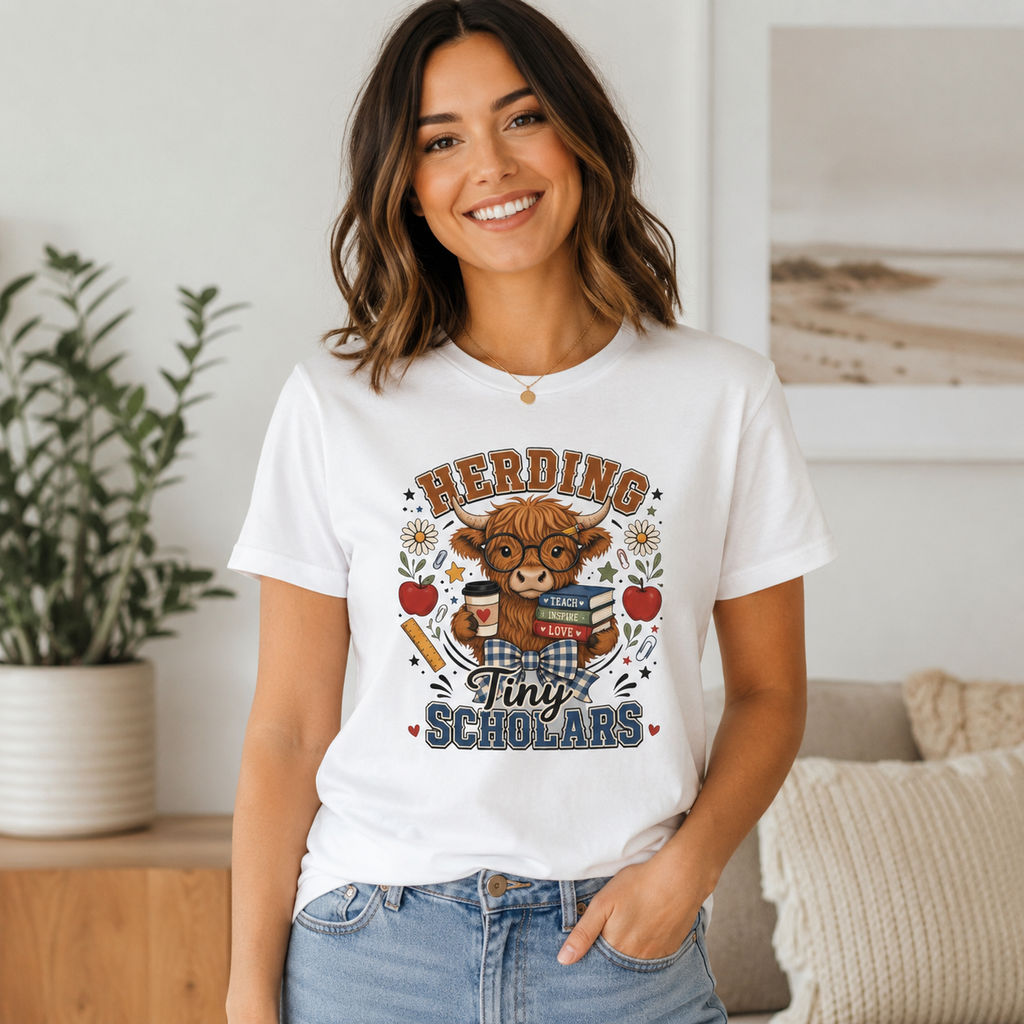 Herding Tiny Scholars Teacher Shirt | Highland Cow Graphic Tee | Back to School Teacher T-Shirt