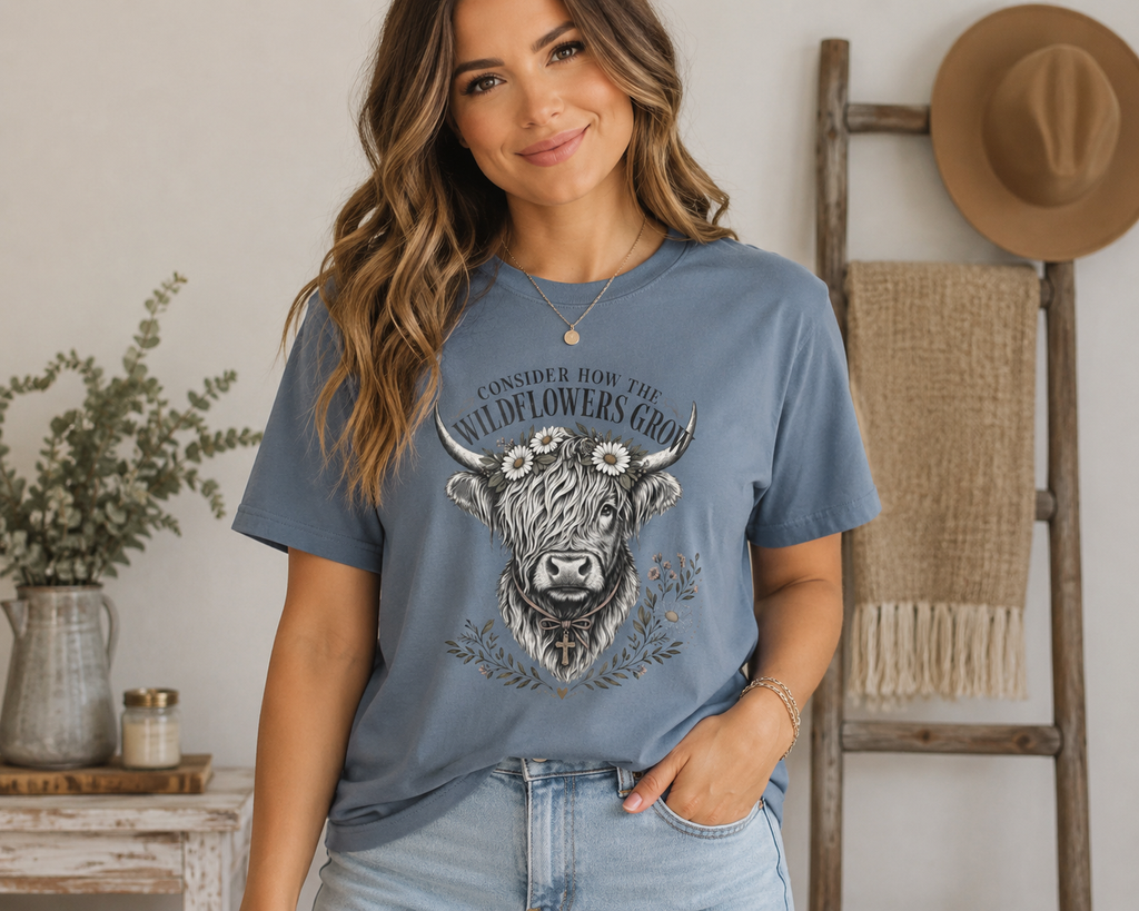Consider How the Wildflowers Grow Highland Cow Shirt | Christian Farmhouse Graphic Tee