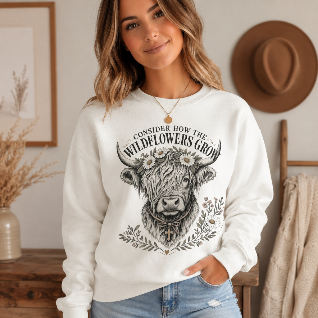 Consider How the Wildflowers Grow Highland Cow Sweatshirt | Christian Farmhouse Graphic Sweatshirt