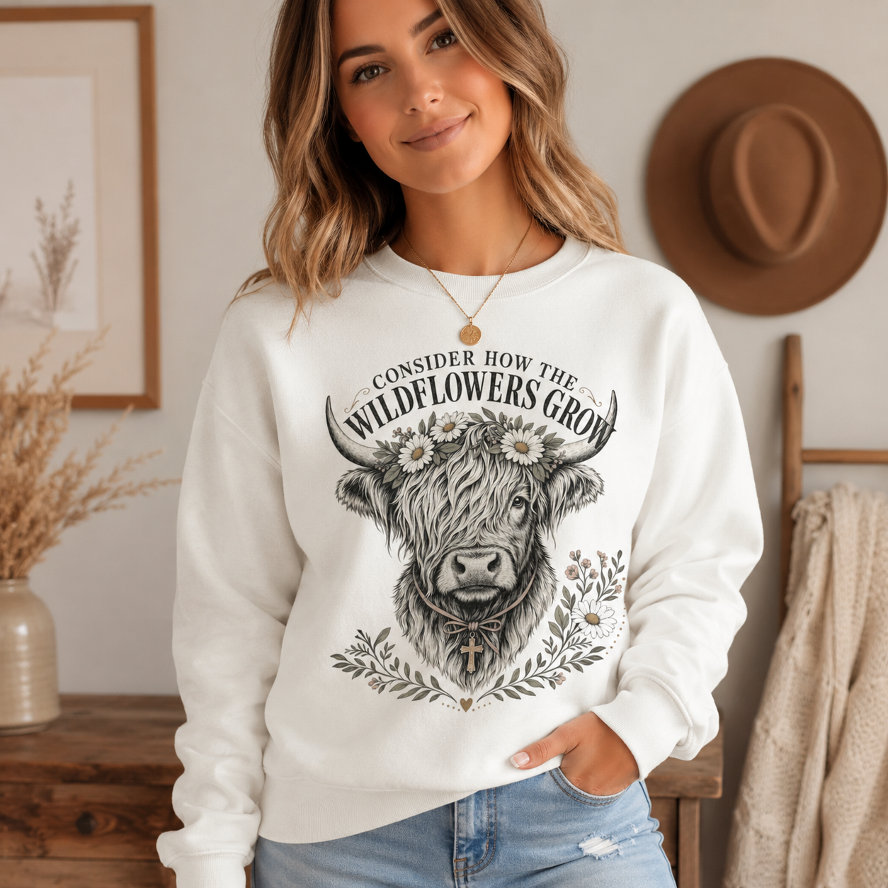 Consider How the Wildflowers Grow Highland Cow Sweatshirt | Christian Farmhouse Graphic Sweatshirt