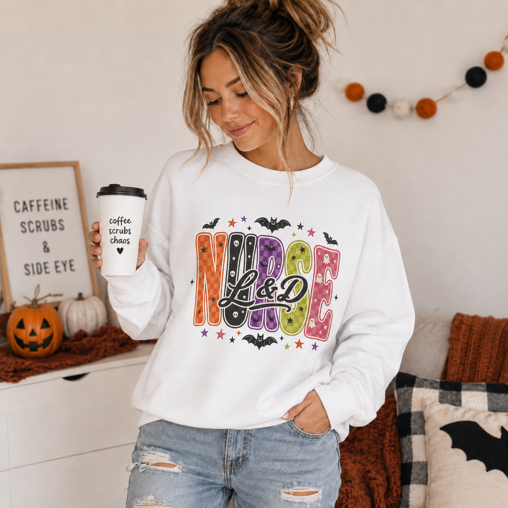 L&D Labor and Delivery Nurse Halloween Sweatshirt, Retro Spooky Baby Nurse Crewneck