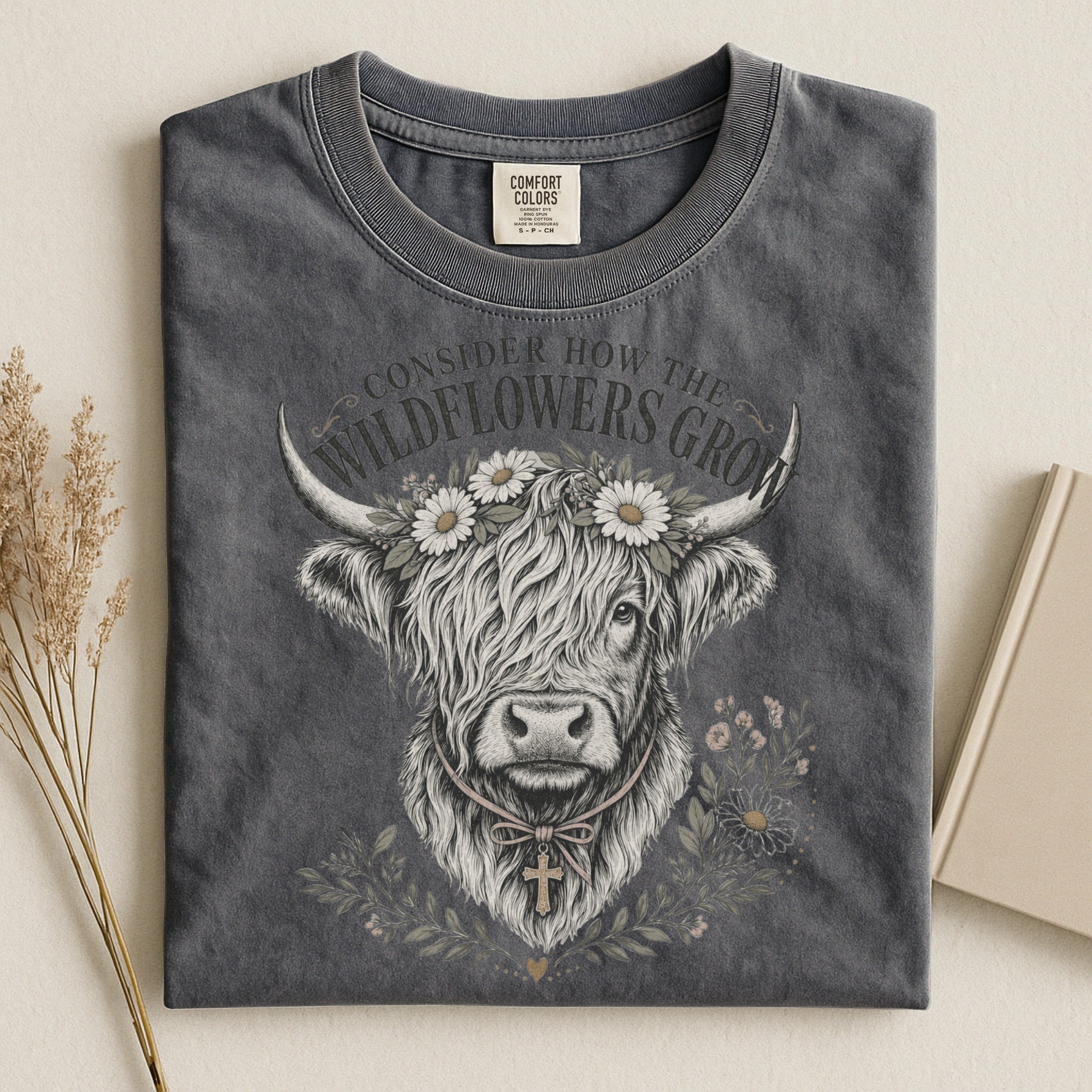 Consider How the Wildflowers Grow Highland Cow Shirt | Christian Farmhouse Graphic Tee