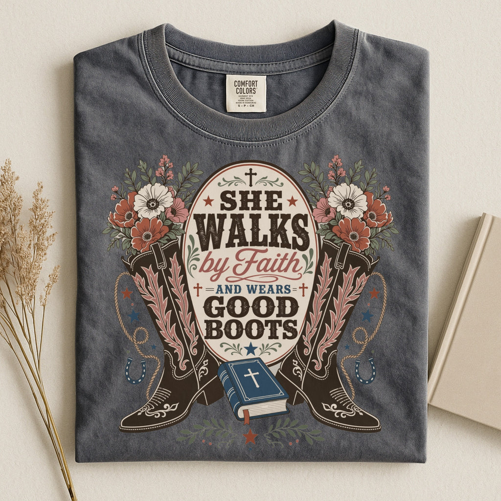 She Walks by Faith and Wears Good Boots Christian Cowgirl Garment-Dyed T-shirt