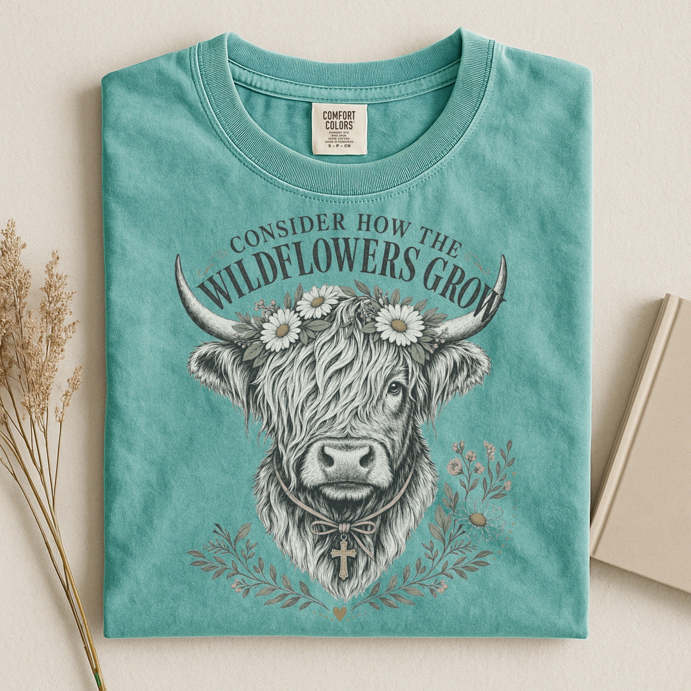 Consider How the Wildflowers Grow Highland Cow Shirt | Christian Farmhouse Graphic Tee