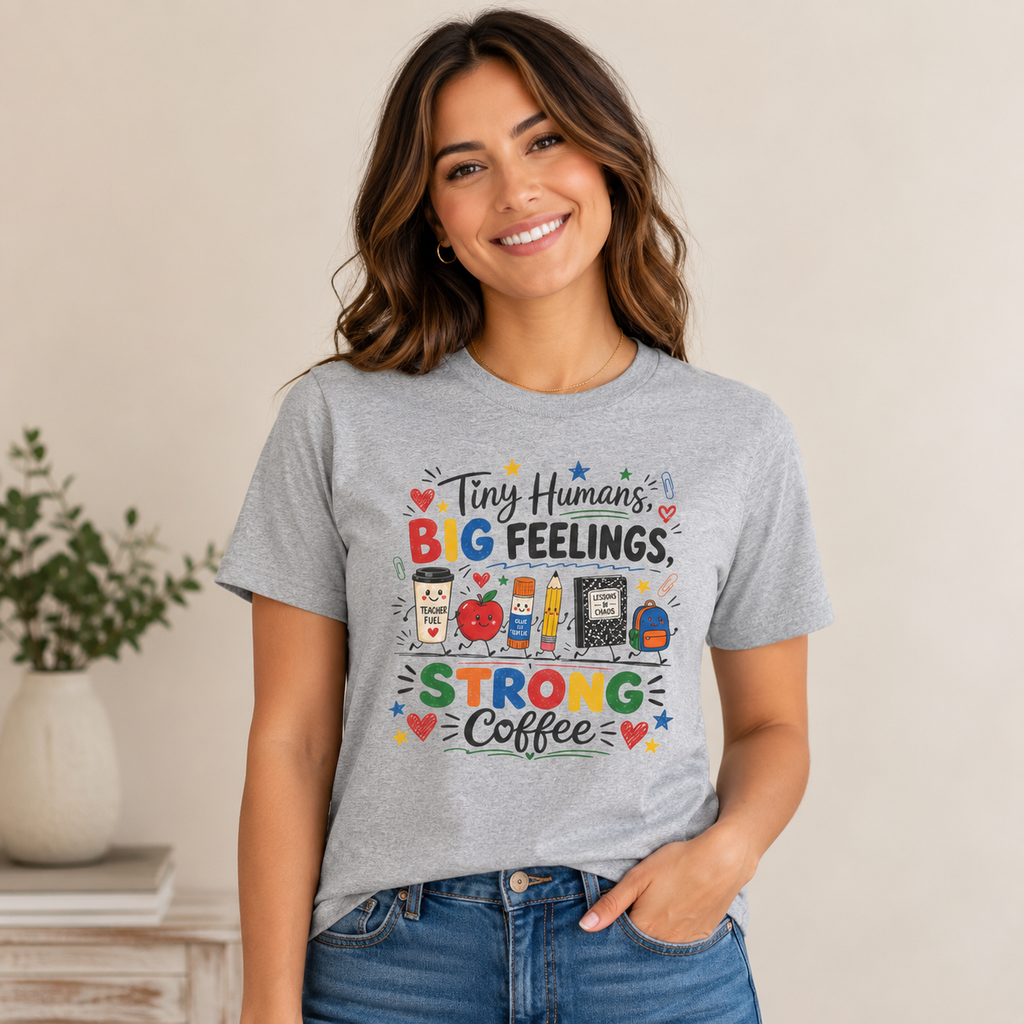 Tiny Humans Big Feelings Strong Coffee Teacher Shirt | Funny Preschool Teacher Graphic Tee