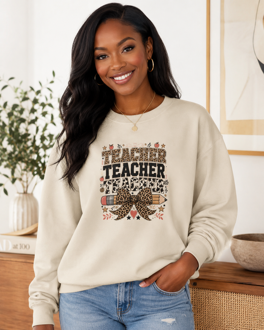 Leopard Bow Crewneck Teacher Teacher Teacher Sweatshirt, Cute Back To School Pullover, Trendy Educator Gift