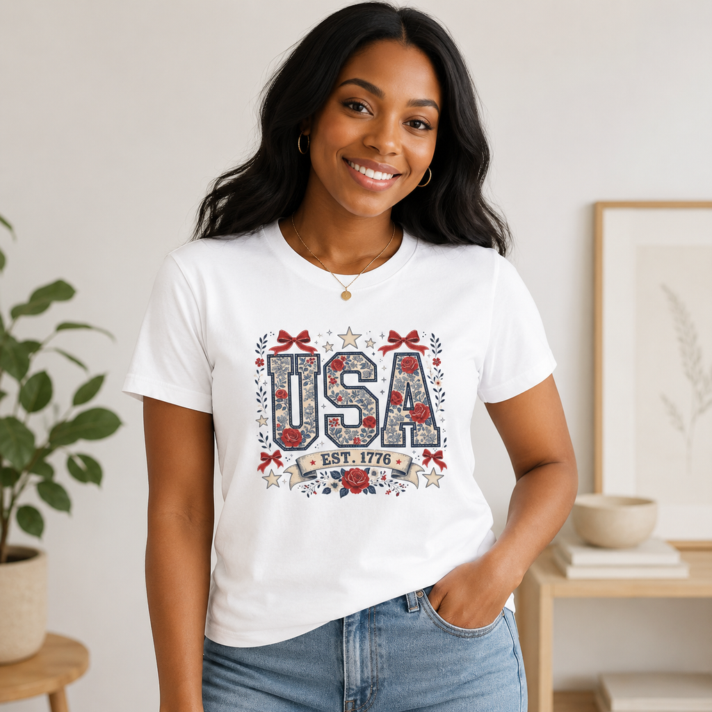 USA Floral Patriotic Shirt, Est 1776 Graphic Tee, Feminine Fourth of July T-Shirt