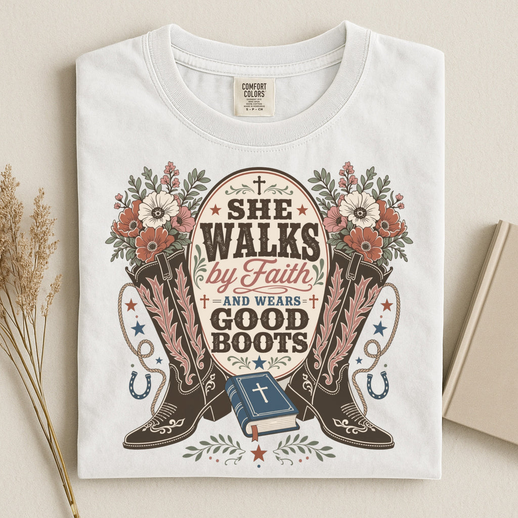 She Walks by Faith and Wears Good Boots Christian Cowgirl Garment-Dyed T-shirt
