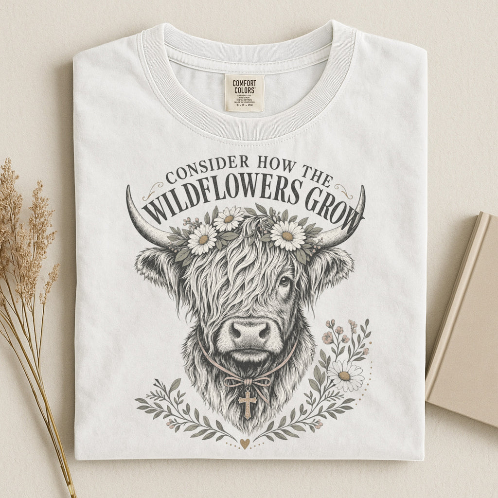 Consider How the Wildflowers Grow Highland Cow Shirt | Christian Farmhouse Graphic Tee