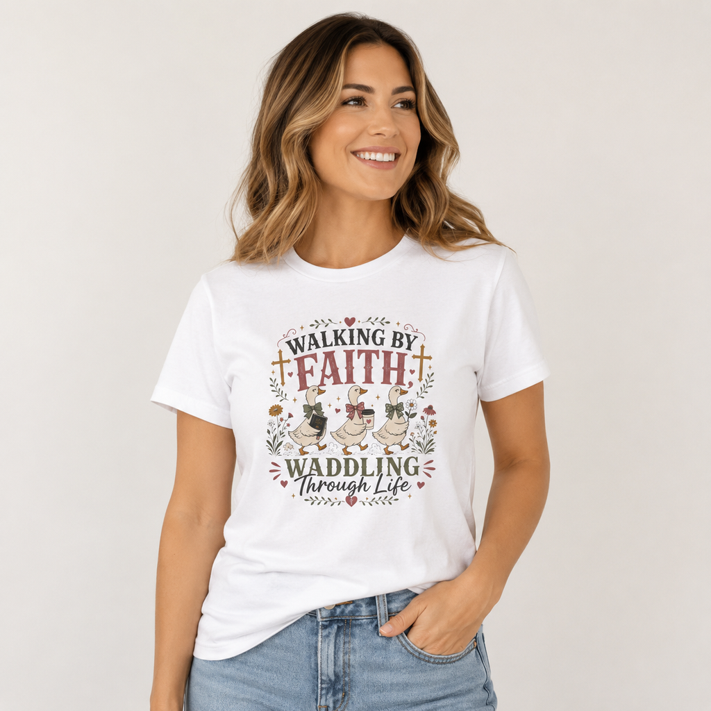 Walking by Faith Goose Shirt | Christian Graphic Tee | Waddling Through Life Faith Shirt