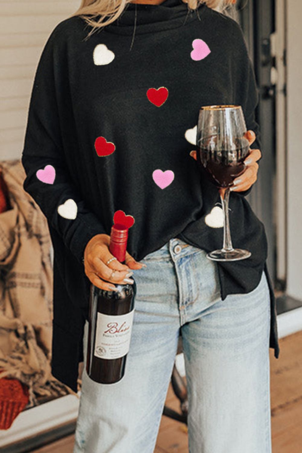 Valentine’s Day Heart Patched Turtleneck Long Sleeve Top - Danielle and Jason Baker LLC - Danielle Baker's Boutique