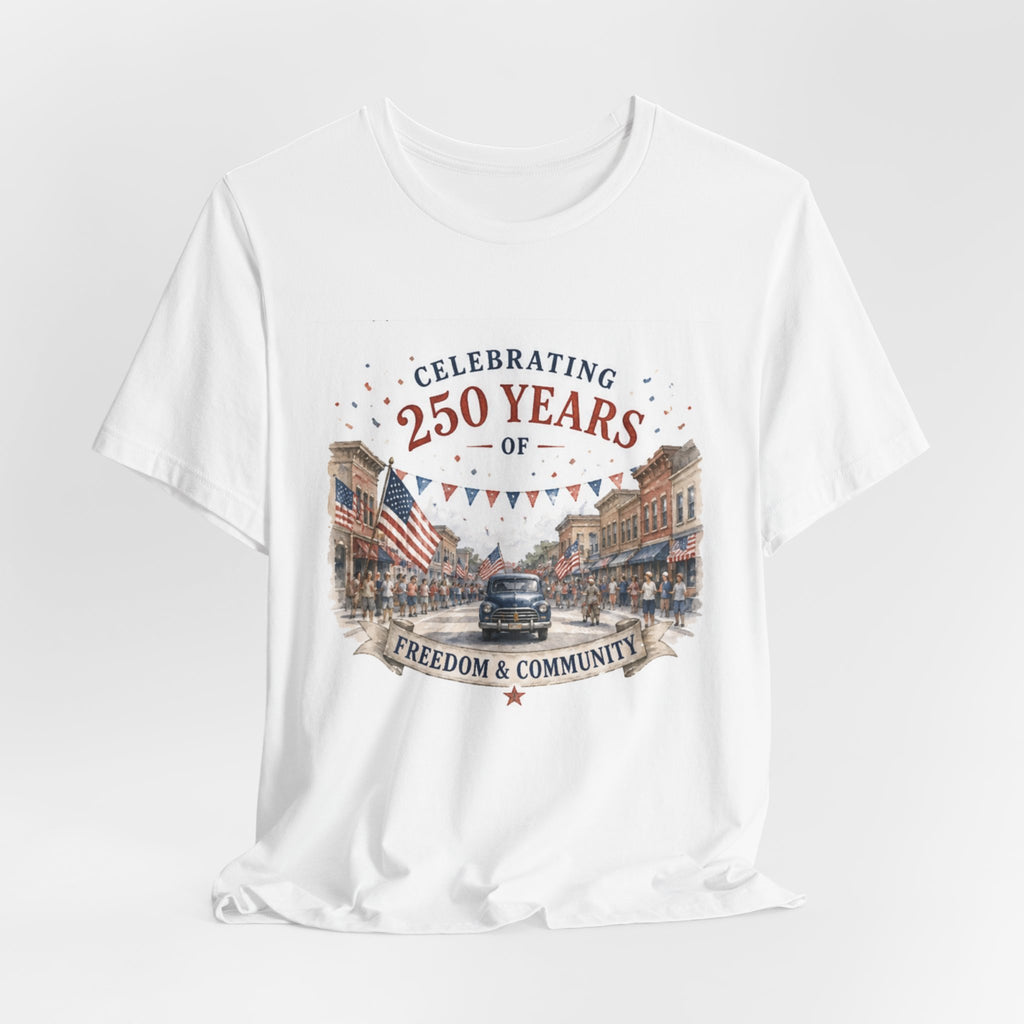 White t-shirt with watercolor illustration of a parade celebrating freedom and community.