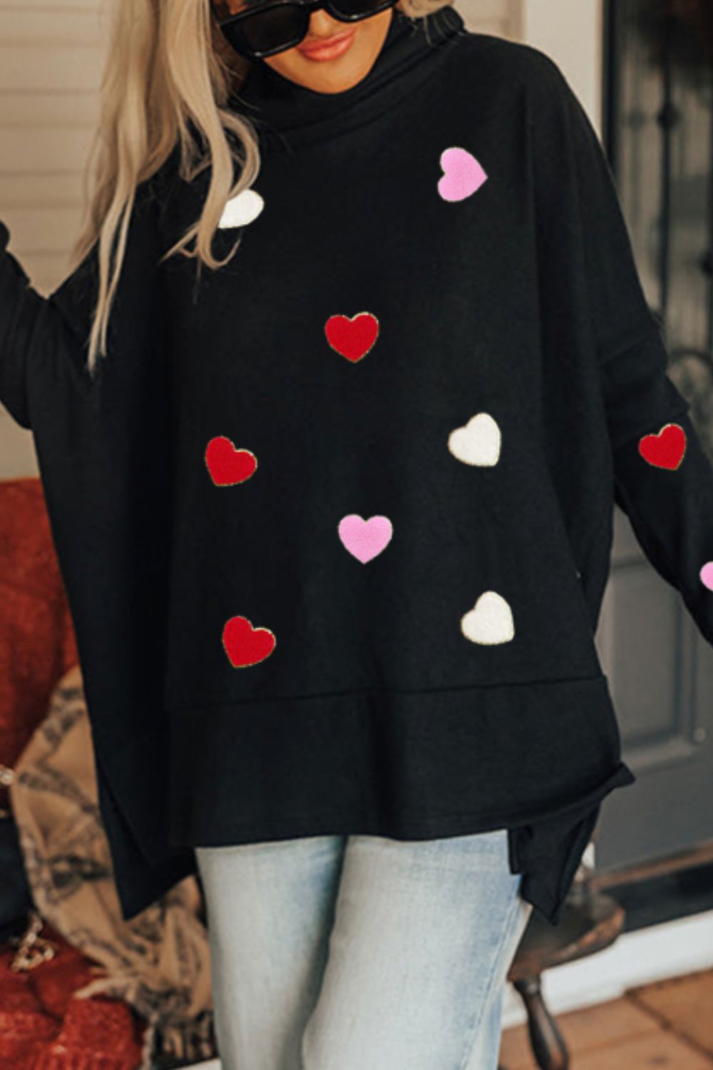 Valentine’s Day Heart Patched Turtleneck Long Sleeve Top - Danielle and Jason Baker LLC - Danielle Baker's Boutique