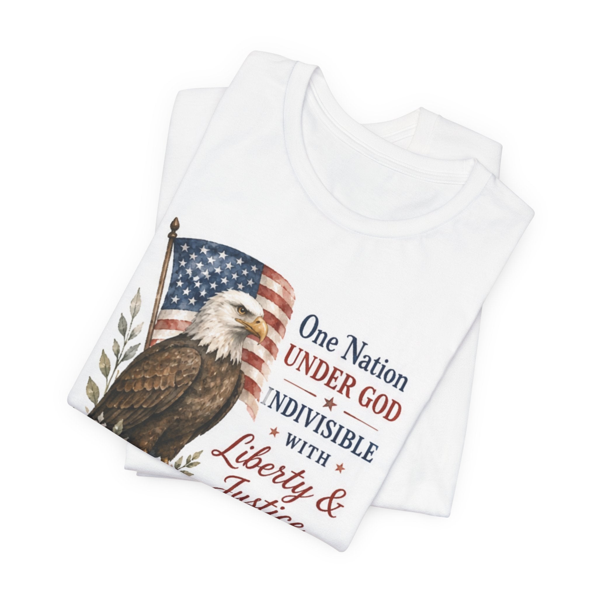 Eagle and American flag with "One Nation Under God Indivisible With Liberty & Justice" text.