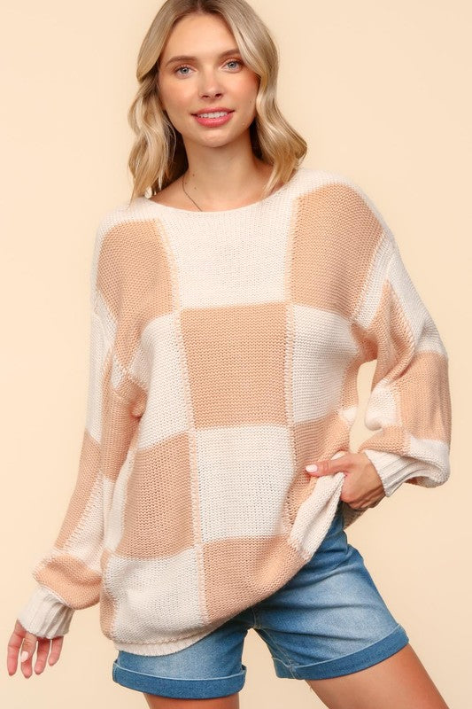 Haptics Full Size Checkered Round Neck Drop Shoulder Sweater - Danielle and Jason Baker LLC - Danielle Baker's Boutique