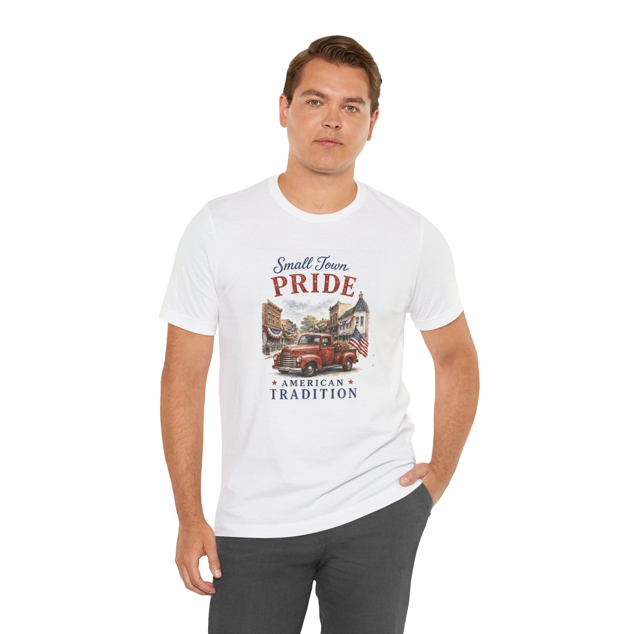 White t-shirt with "Small Town Pride American Tradition" and truck graphic.