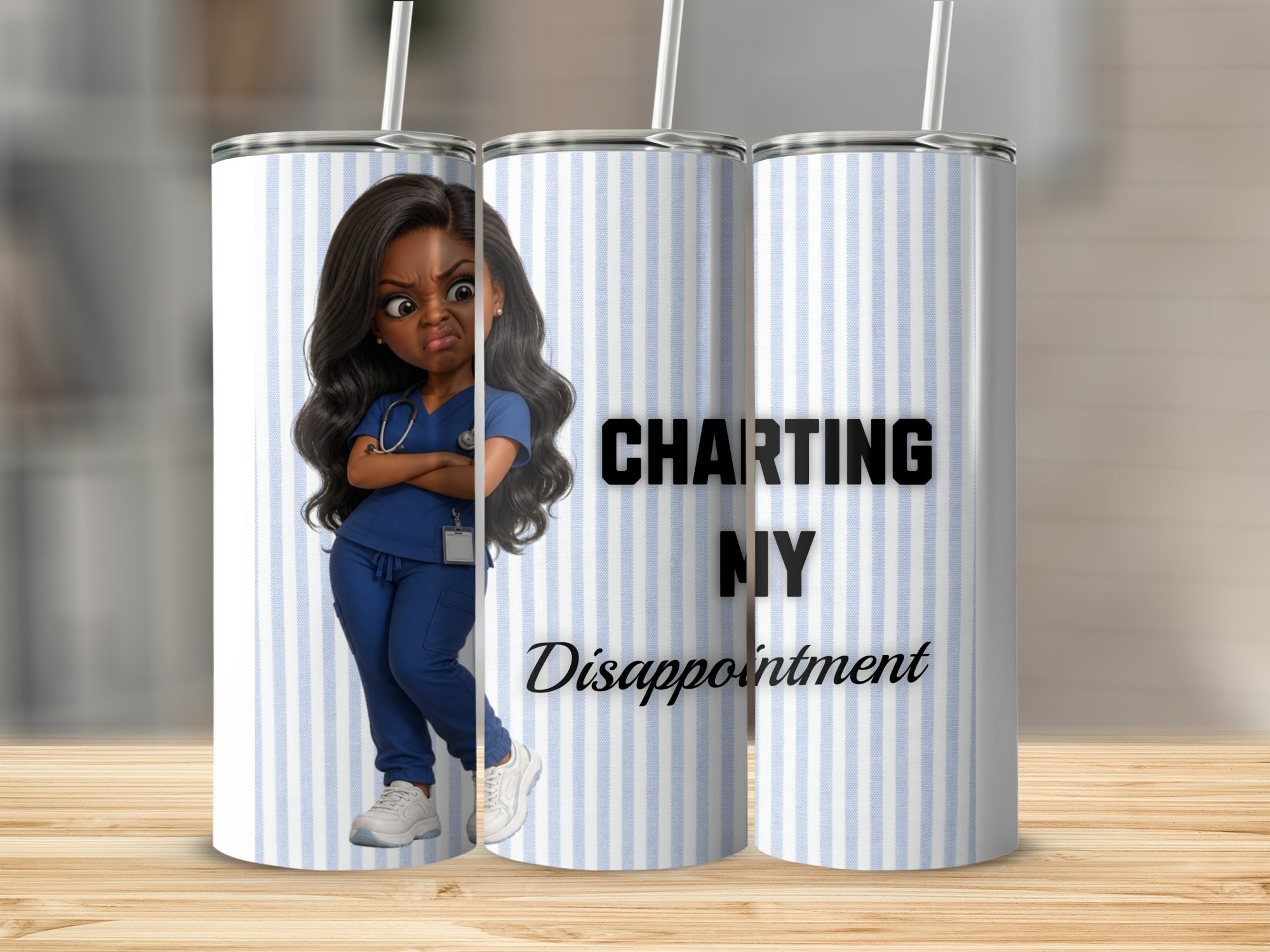 Nurse humor tumbler with "Charting My Disappointment" text.