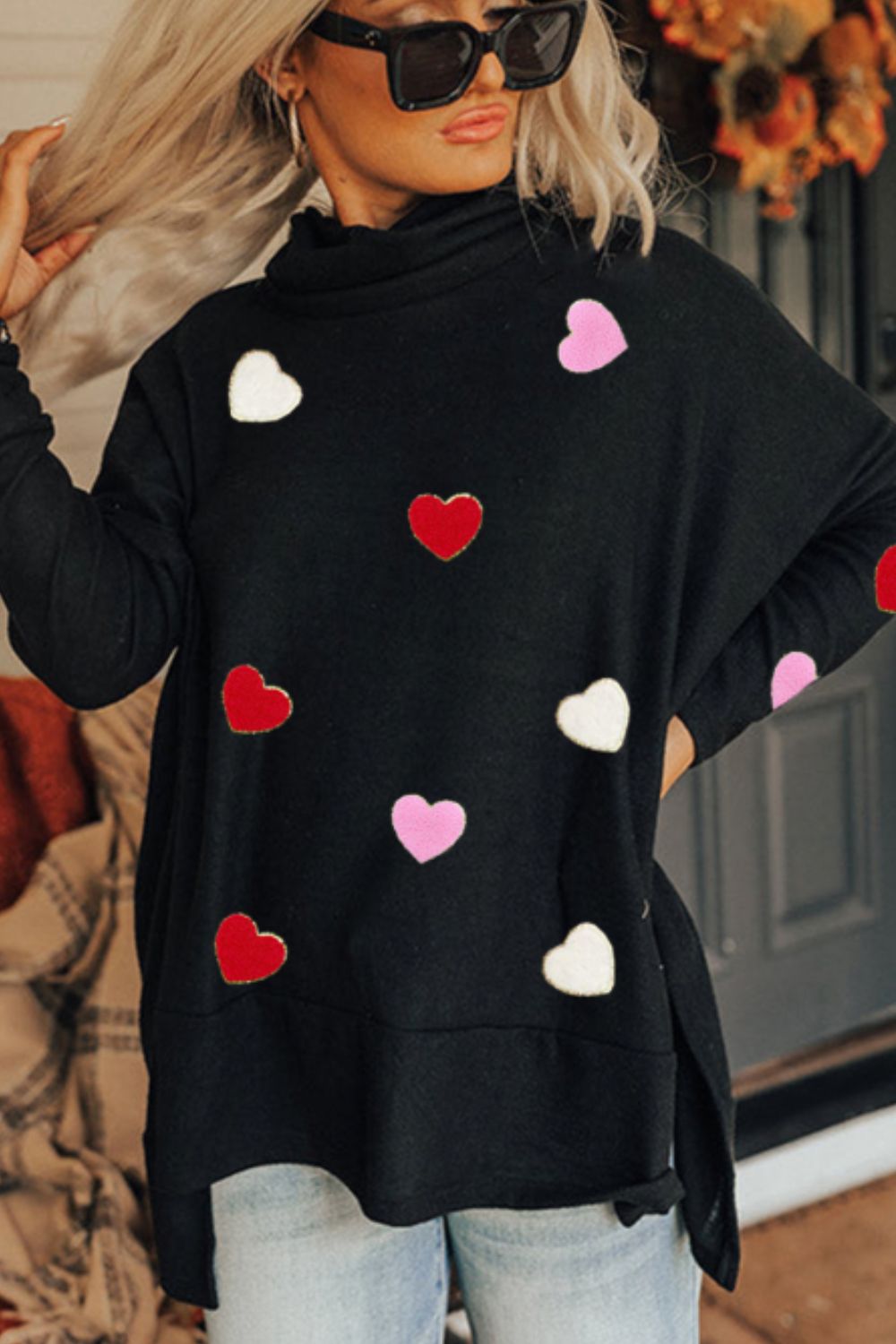 Valentine’s Day Heart Patched Turtleneck Long Sleeve Top - Danielle and Jason Baker LLC - Danielle Baker's Boutique
