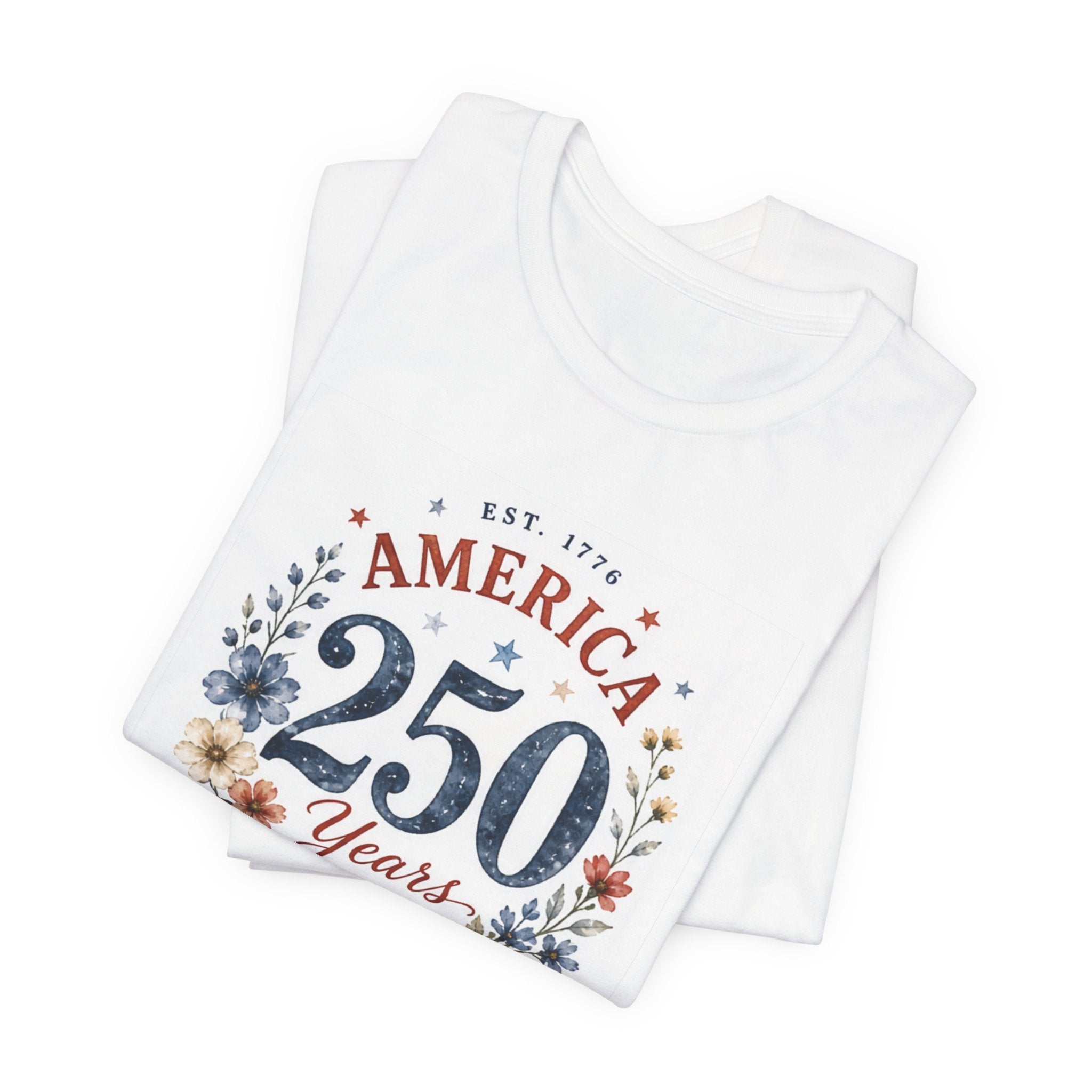 White t-shirt with "America 250 Years" and floral design.