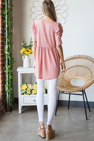 Heimish Full Size Waffle Knit V-Neck Babydoll Top - Danielle and Jason Baker LLC - Danielle Baker's Boutique