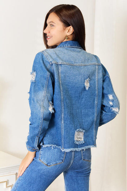 Baeful Leopard Floral Distressed Raw Hem Denim Jacket - Danielle and Jason Baker LLC - Danielle Baker's Boutique