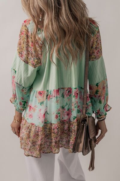 Floral Frill Trim Buttoned Notched Tiered Blouse - Sage Green