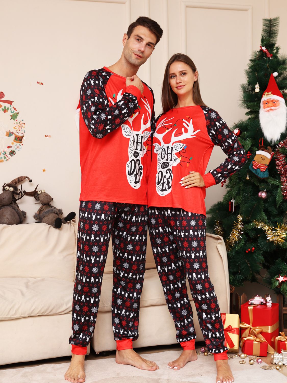 Woman's Full Size Reindeer Christmas Family Pajama Top and Pants Set