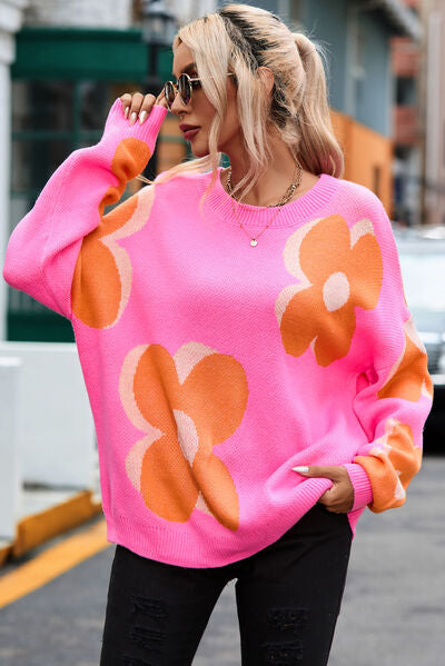 Pink Flower Round Neck Dropped Shoulder Knit Sweater