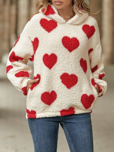 Fuzzy Heart Pocketed Dropped Shoulder Hoodie - Danielle and Jason Baker LLC - Danielle Baker's Boutique