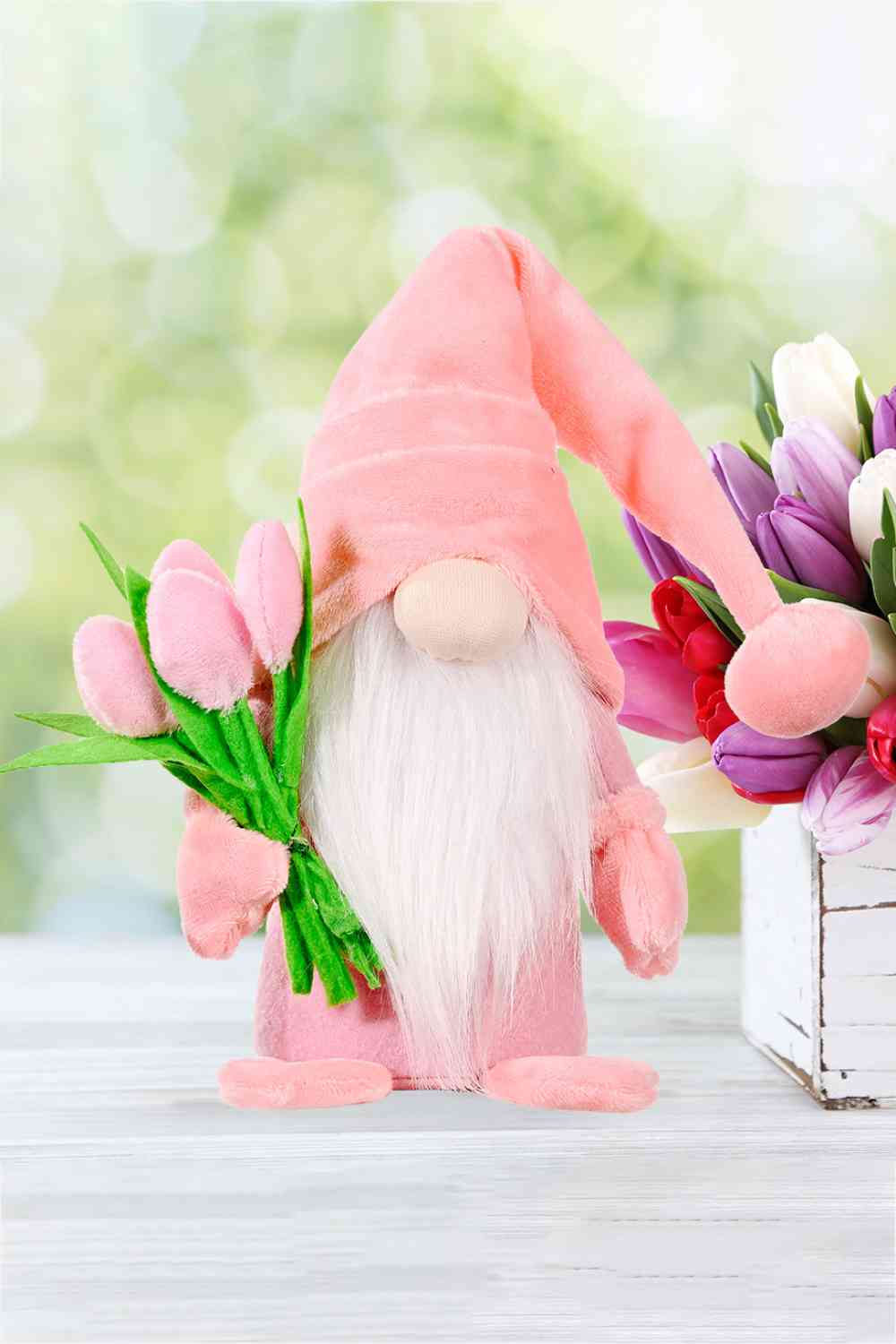 Standing Cute Plush Gnome with Tulips- Spring Gnome - 14 inch.